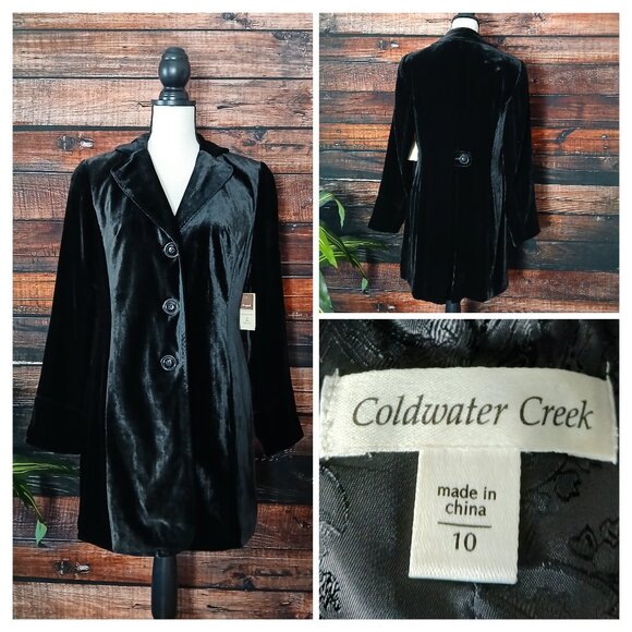 NWT Coldwater Creek Long Jacket Size 10 Black Velvet Rayon Silk Blend Shaped - Picture 1 of 13